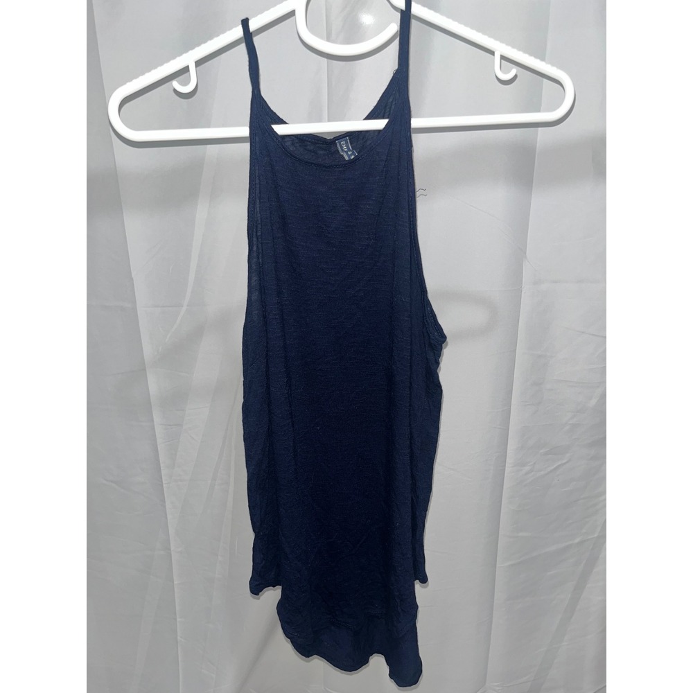 Emma & Sam Navy Blue High Neck Halter Tank Top Rayon Slub Knit Minimalist Small